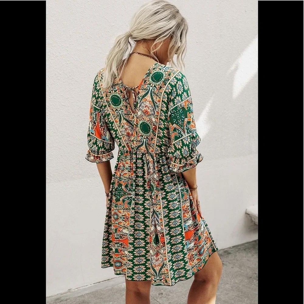 Boho V Neck Summer Dress SZ MED - Picture 3 of 4